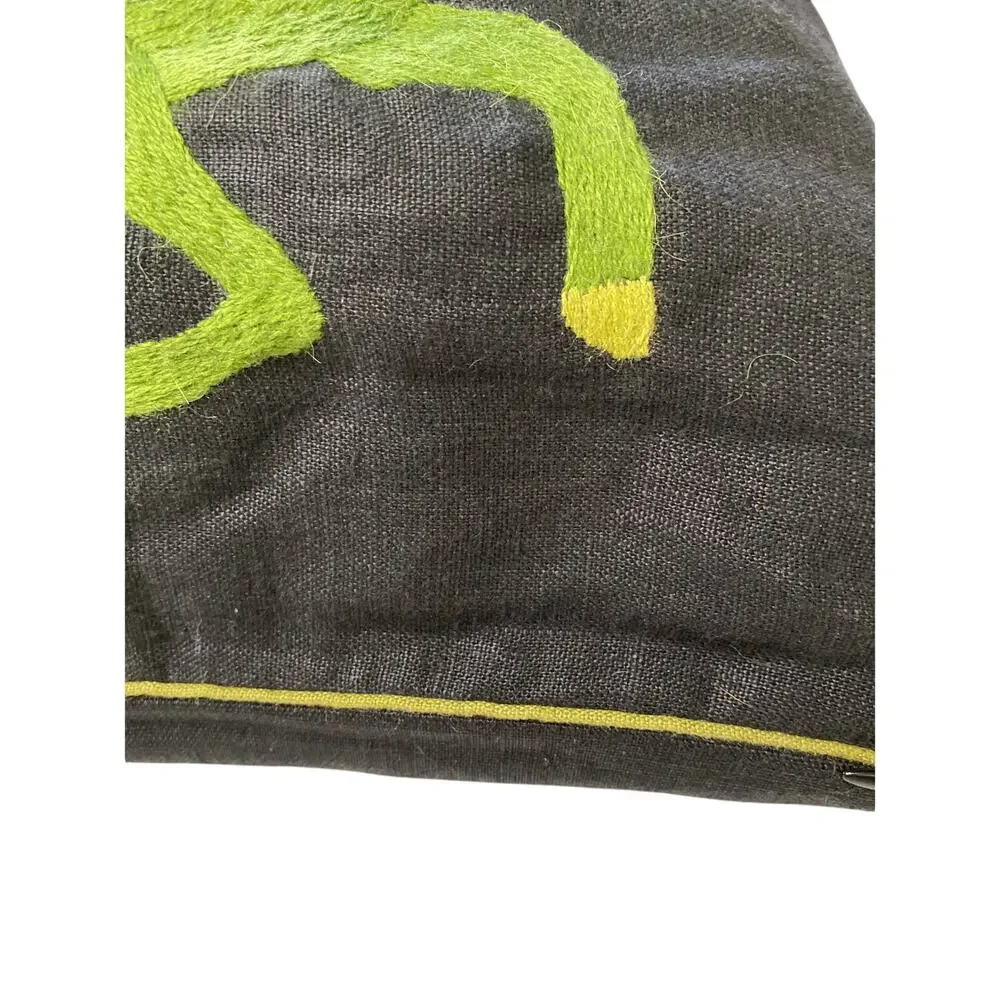 Vintage Black linen Pillow‎ Green Embroidered Warriors, Green Trim. Folk Art
